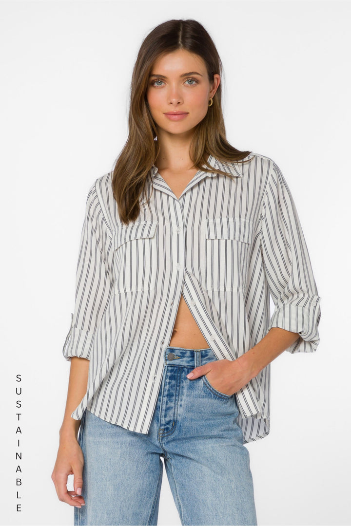 Talma Indigo Stripe Shirt - Tops - Velvet Heart Clothing