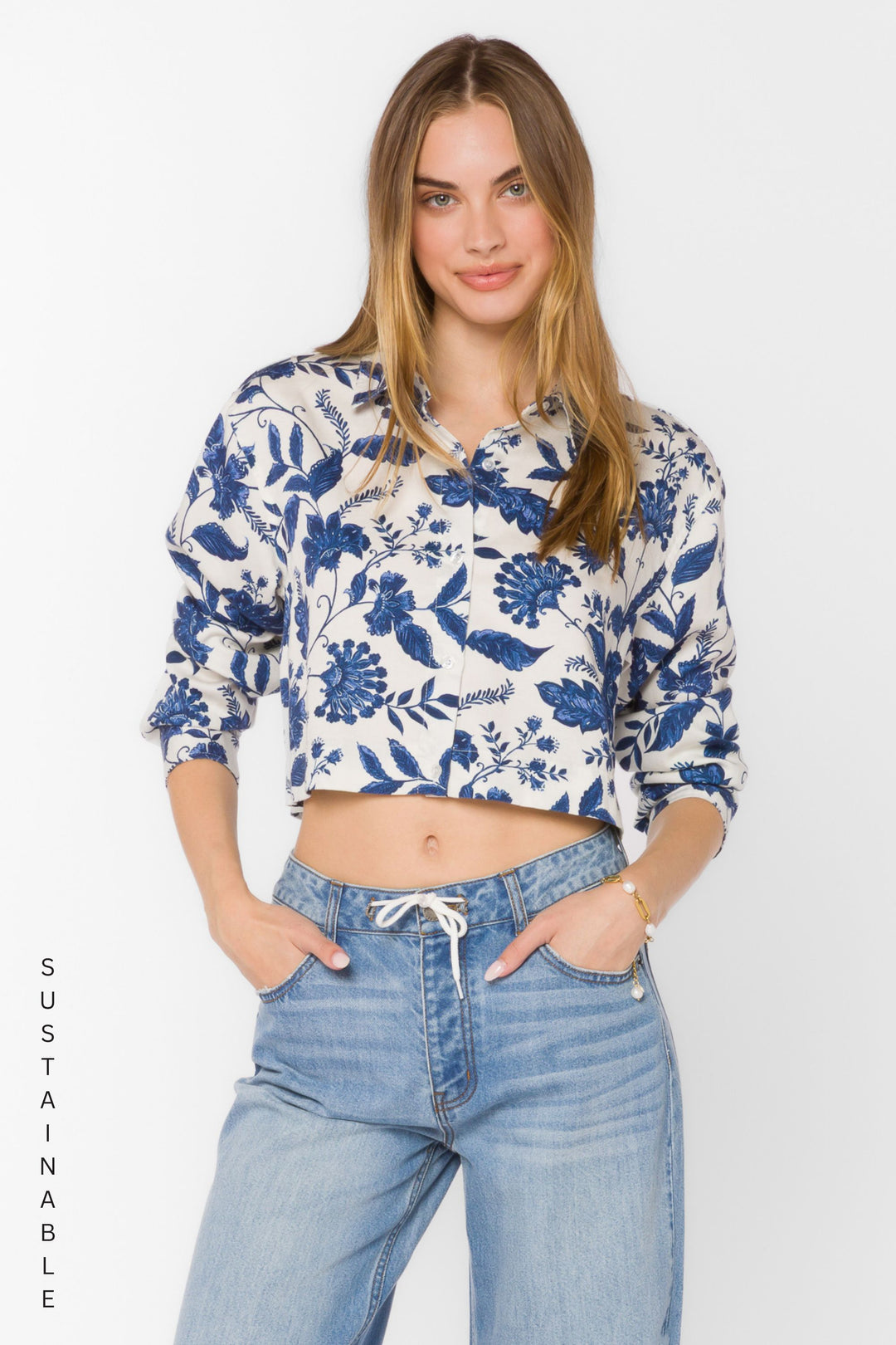 Celestine Blue Floral Shirt - Tops - Velvet Heart Clothing
