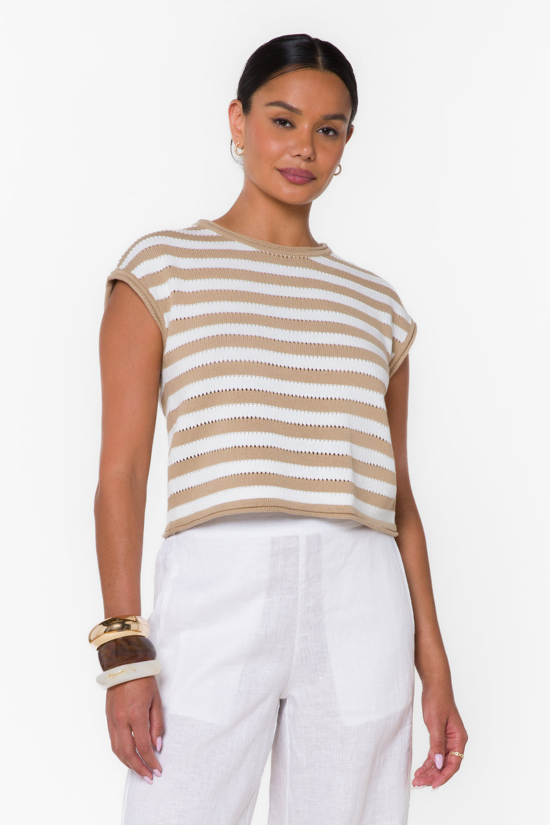 Abree Latte Striped Short Sleeve Sweater