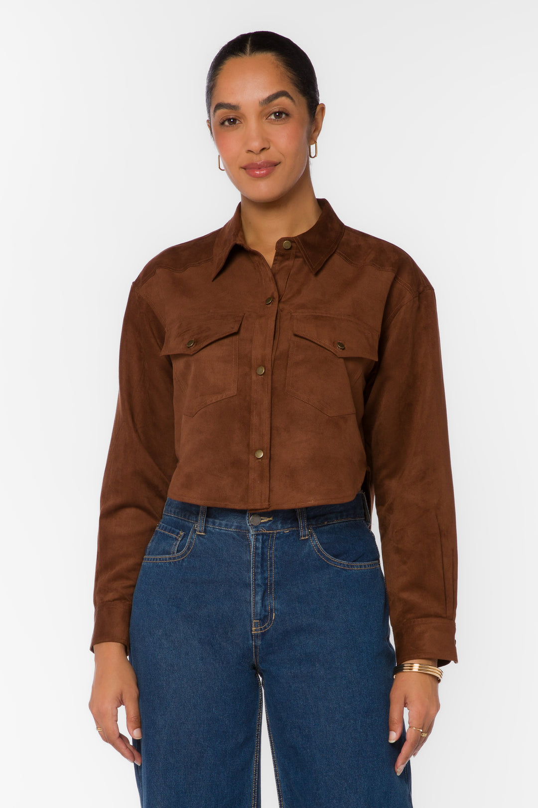 Enya Chocolate Microsuede Crop Shirt