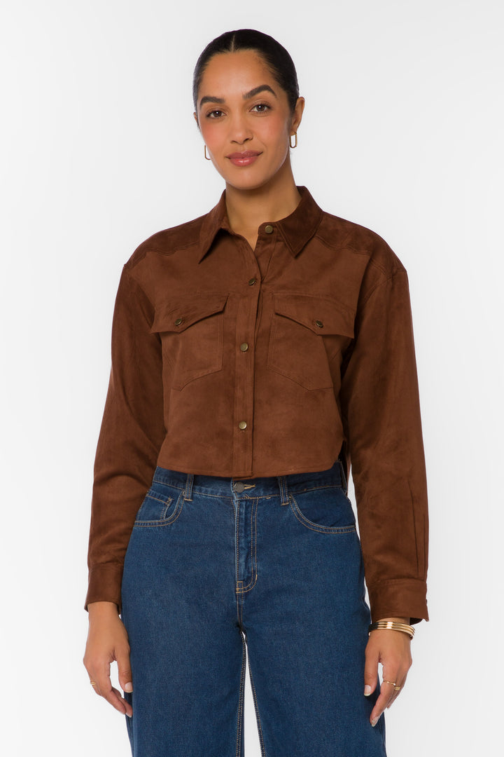 Enya Chocolate Microsuede Crop Shirt