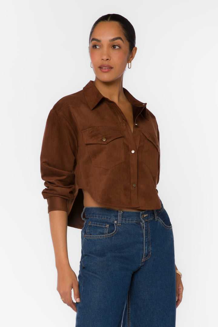 Enya Chocolate Microsuede Crop Shirt