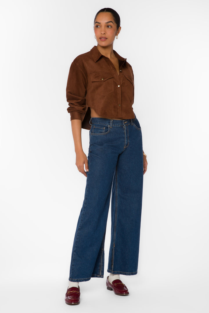 Enya Chocolate Microsuede Crop Shirt