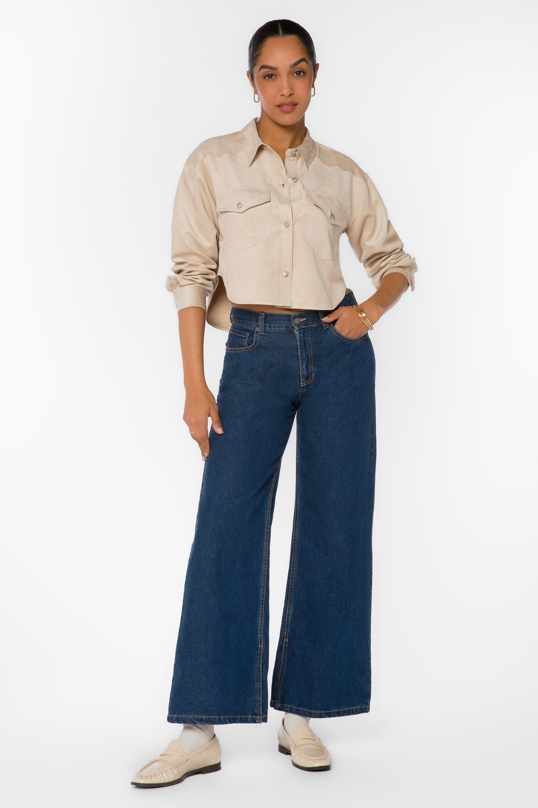 Enya Ecru Microsuede Crop Shirt